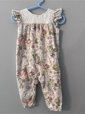 Pink Elephant Organic‎ Cotton Floral Rabbit Romper Lace Flutter Sleeve 9-12M